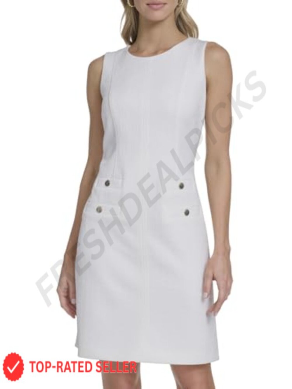 Sleeveless Jewel Neck Button Tweed Mini Sheath Dress